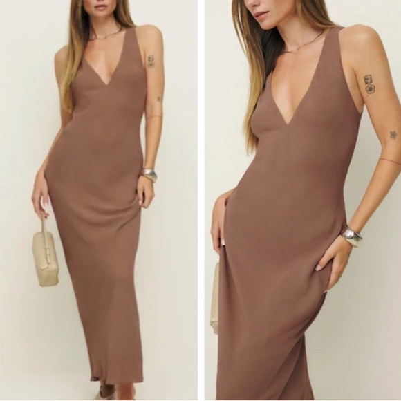 Reformation Dresses & Skirts - NEW Reformation Siana Maxi Dress - Mink Beige Light Mocha Cocoa V Neck